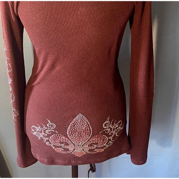 Vocal Y2K Brown Long-Sleeve Hooded Top With Rhinestone Fleur-De-Lis Womens Small - Picture 9 of 12